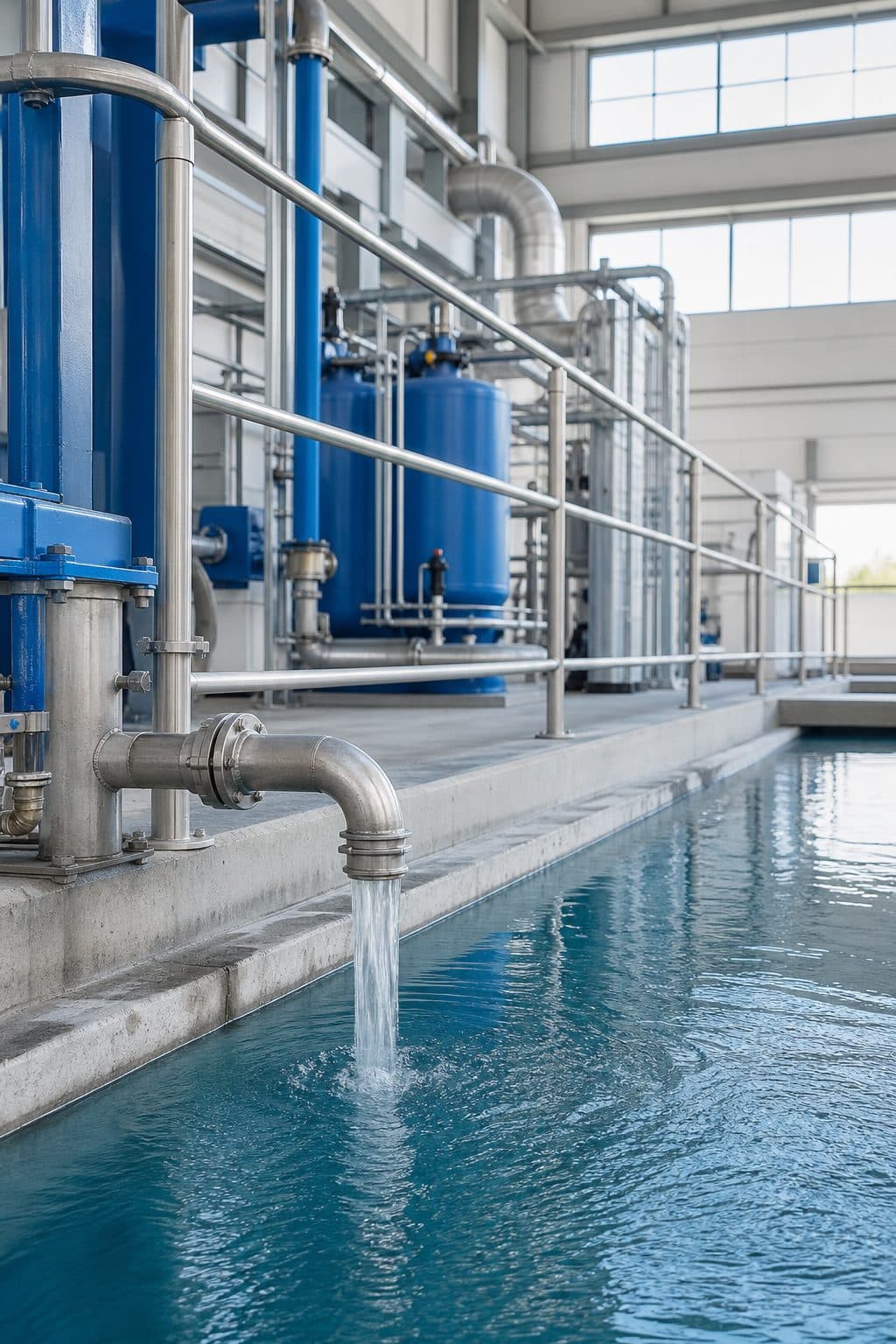 Water treatment plant interior with stainless piping and clear process water